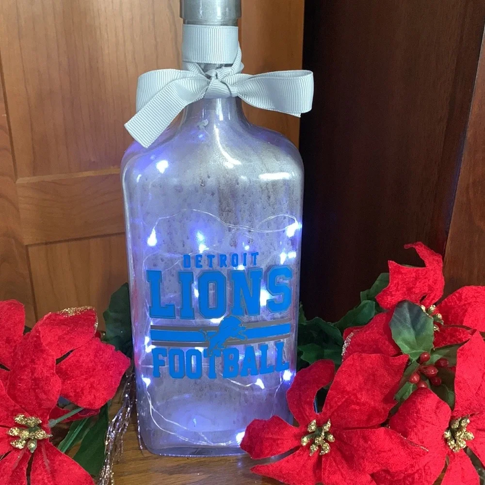 Hand Crafted, Upcycled Detroit Lions Spirit Bottle Lantern